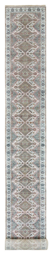 Vista White Hand Knotted Unique Flower Rosettes Border XL Runner Rug 2'7"x21'9"