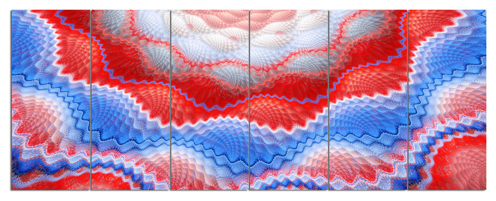 Red Blue Snake Skin Flower, Abstract Art on Canvas, 70"x28", 6 Panels