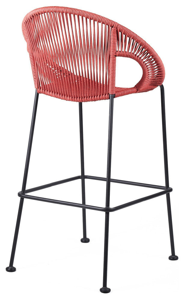 Benzara BM246125 Indoor Outdoor Bar Stool With Rounded Rope Woven Seat, Pink
