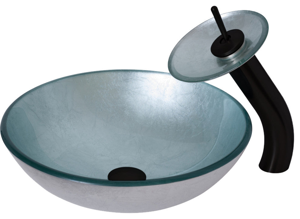 Argento Round Silver Foiled Glass Vessel Bath Sink Combo with Faucet and Drain, Matte Black