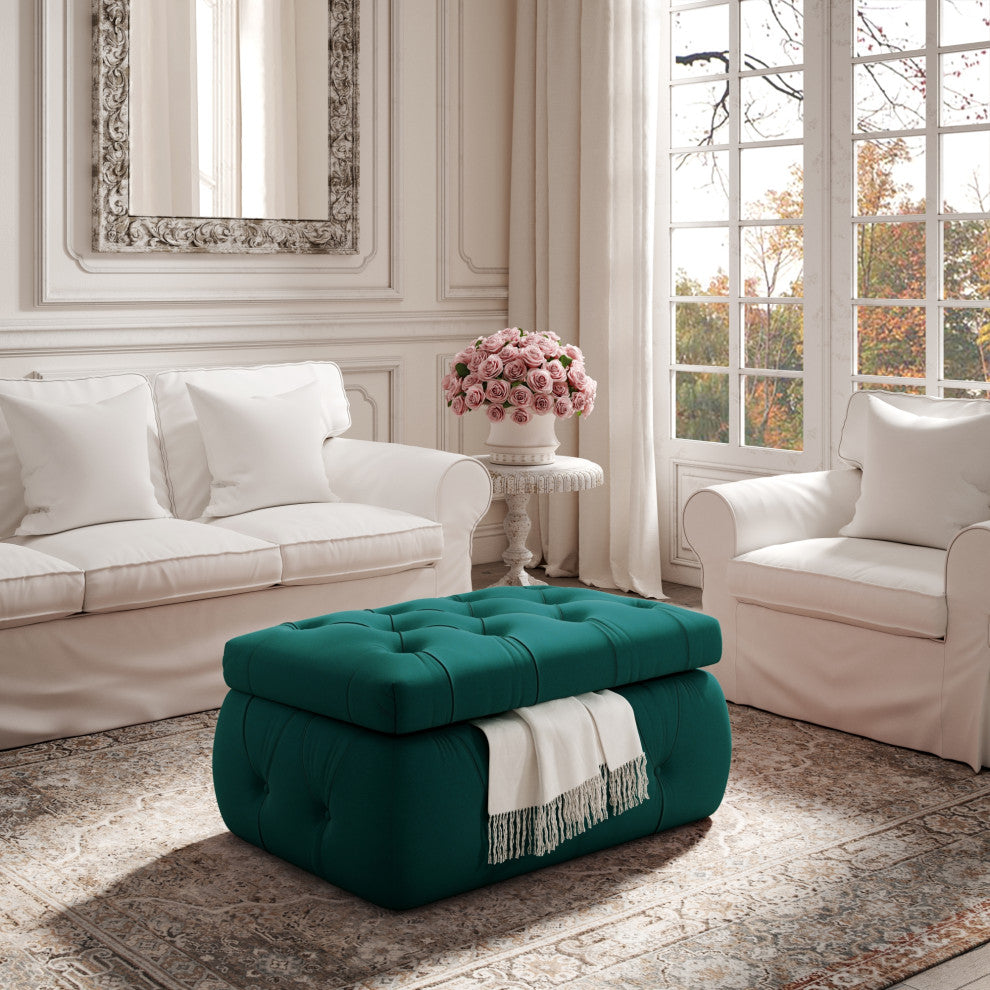 Rustic Manor Kenzley Ottoman, Upholstered, Velvet/Linen, Emerald Green