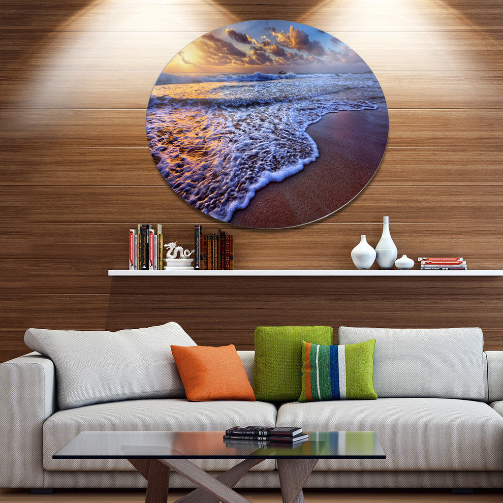 Sunset Over Blue Sea Waves, Seashore Art Disc Metal Artwork, 23"
