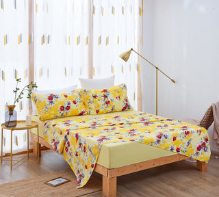 Sunshine Yellow Hummingbirds Floral Fitted & Flat Bed Sheets Set, King