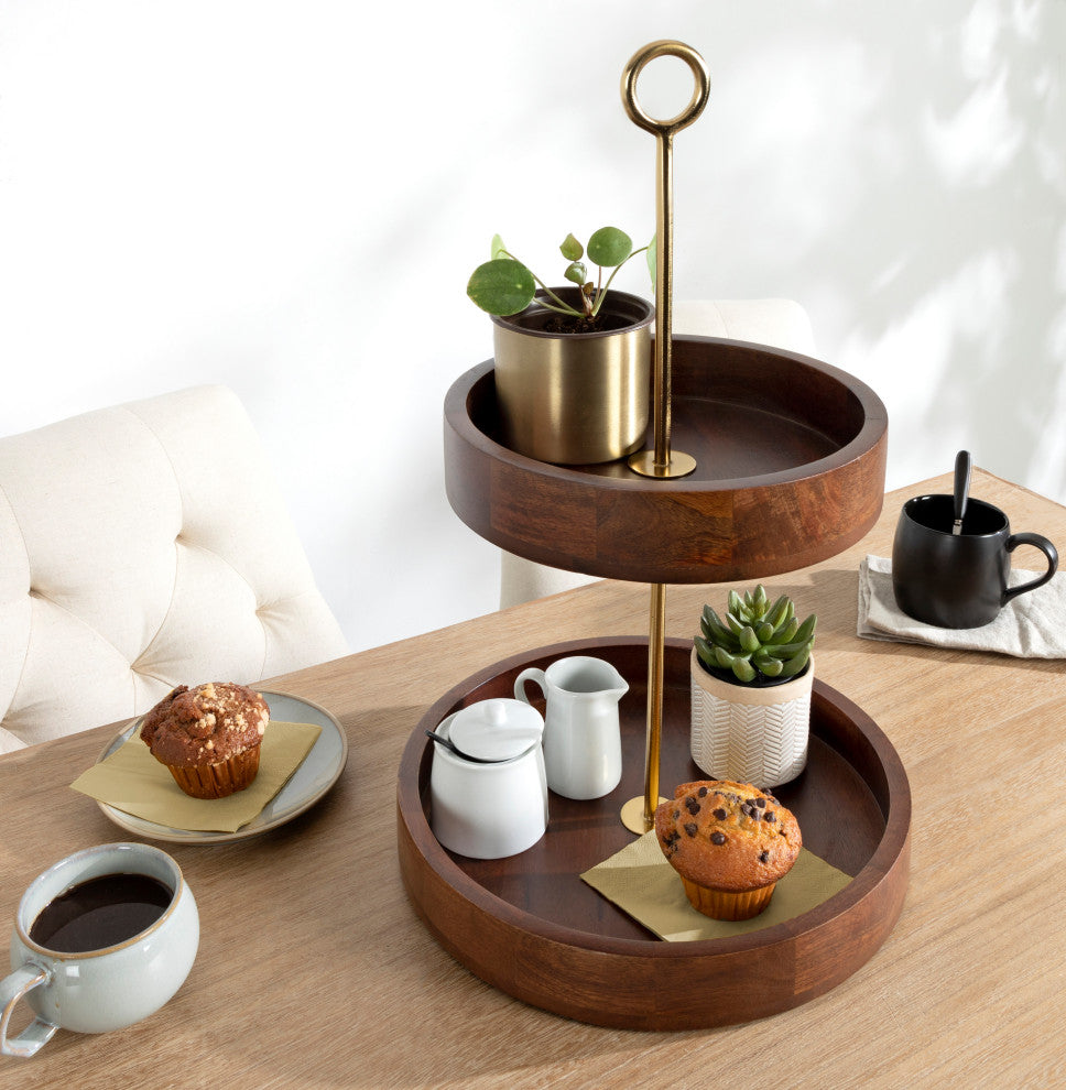 Lipton Tiered Decorative Tray, Walnut Brown/Gold 13x13x20