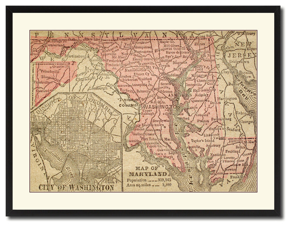 Maryland Vintage Antique Map Wall Art, 28"x37"