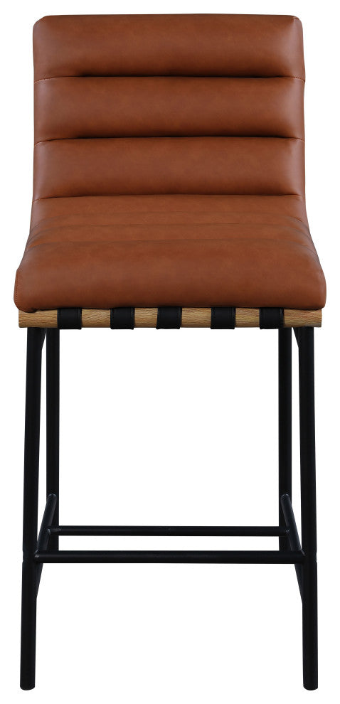 Burke Counter Stool, Cognac, Vegan Leather, White Oak Veneer Metal Dowel