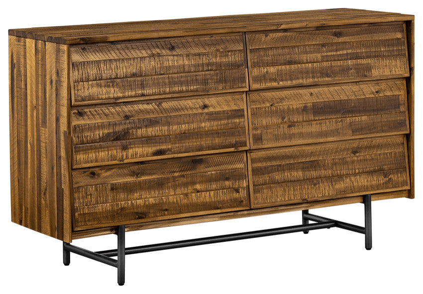 57" Brown and Black Solid Wood Six Drawer Double Dresser