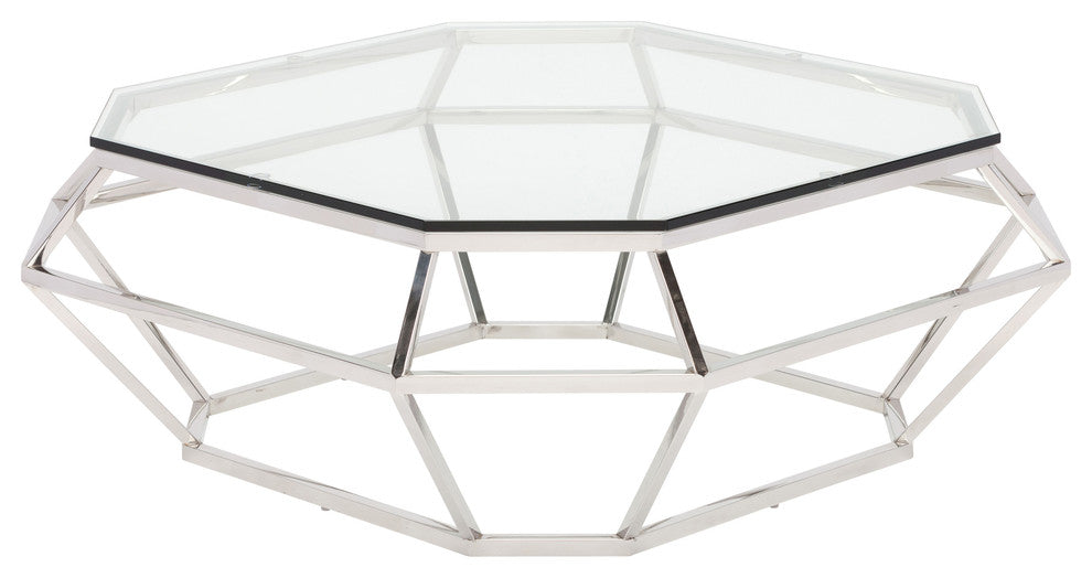 Diamond Square Coffee Table With Clear Tempered Glass, Silver