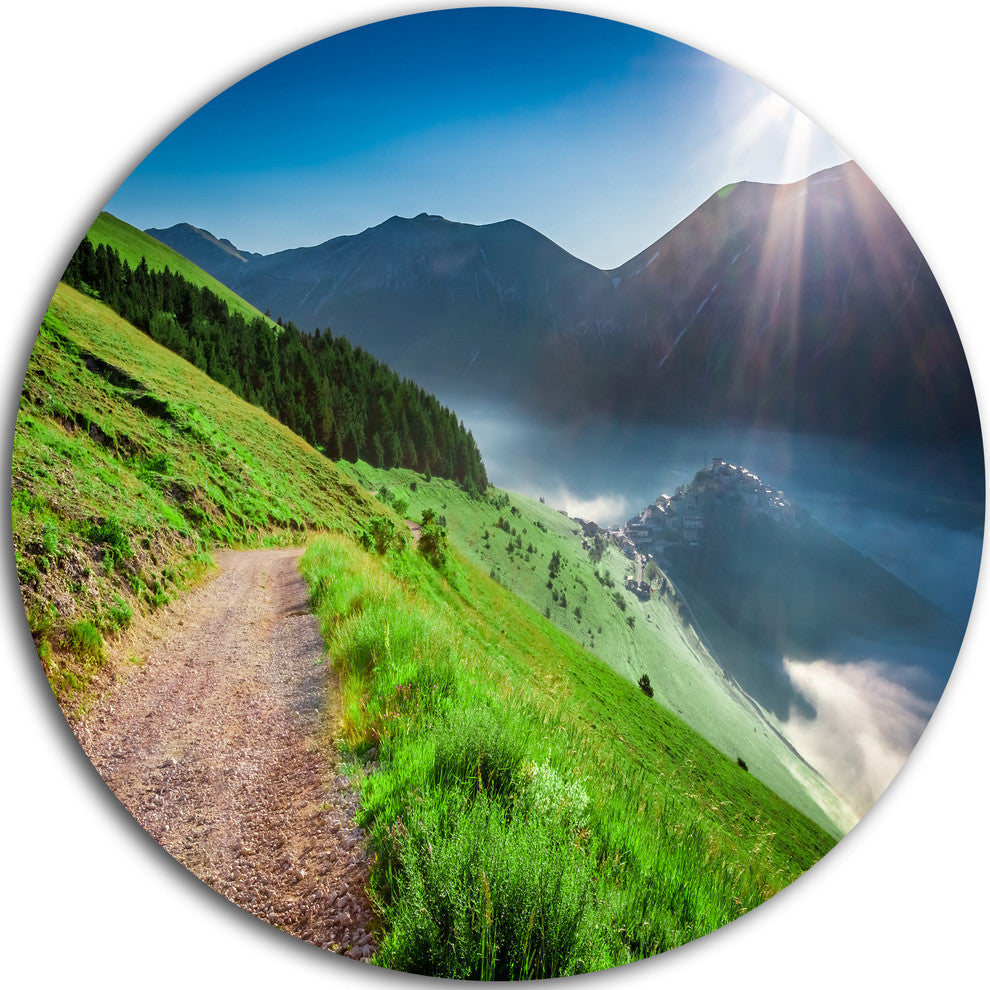 Umbria Mountains Sunny Sunrise, Landscape Round Metal Wall Art, 38"