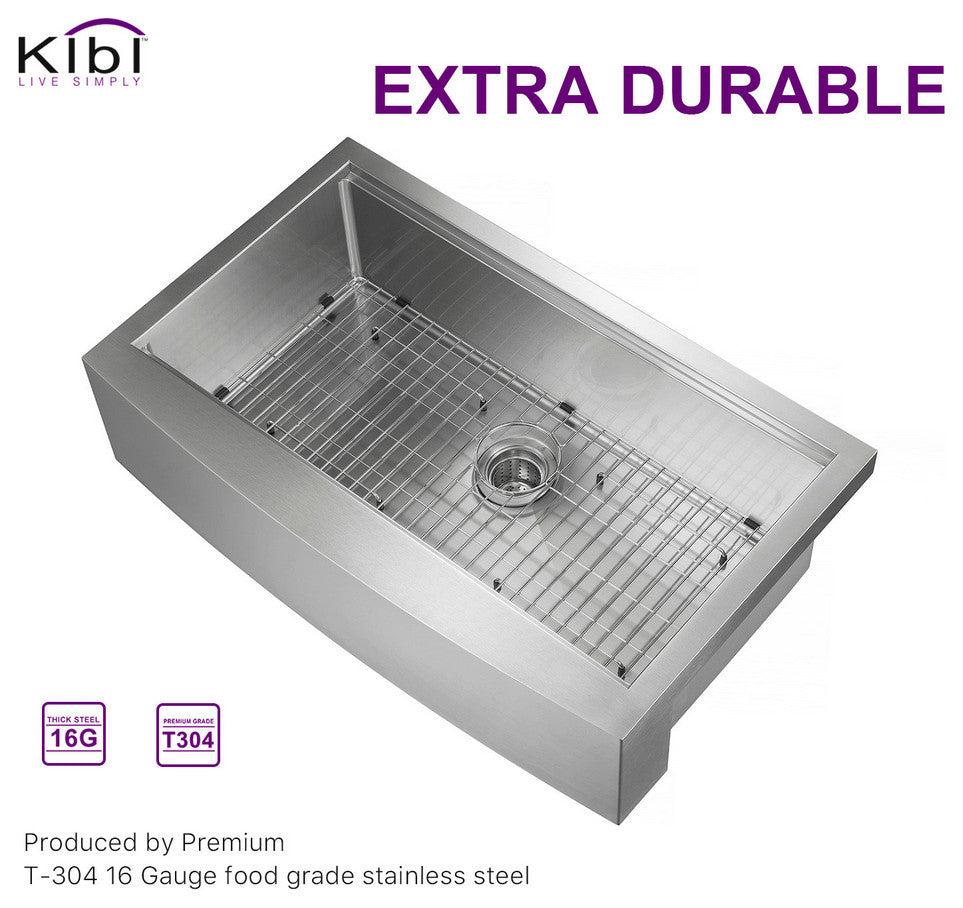 KIBI Farmhouse Apron Single Bowl Stainless Steel Workstation Kitchen Sink, 36"
