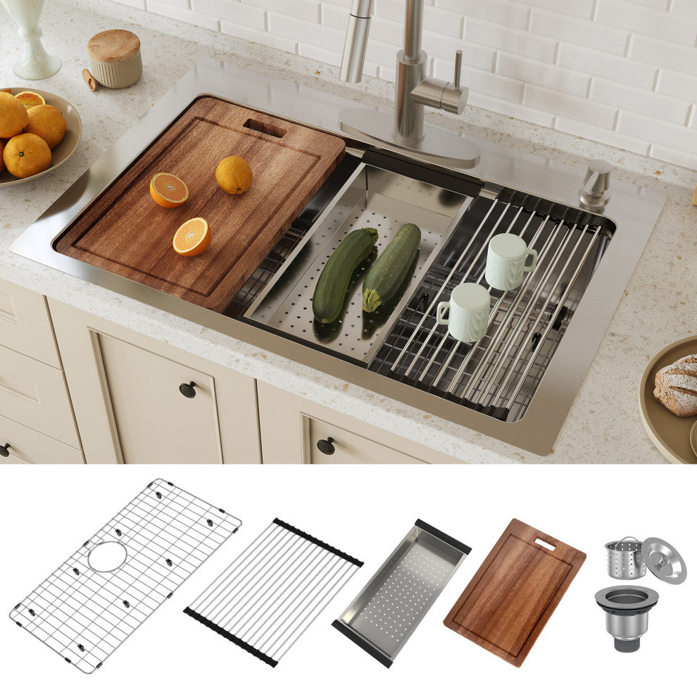 Drop-In 2-Hole Single Bowl 18 Gauge Stainless Steel Workstation Kitchen Sink