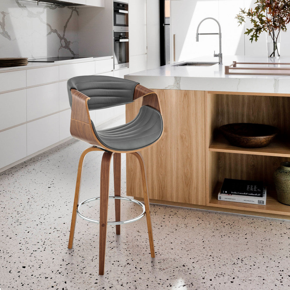 Arya Swivel Bar Stool, Faux Leather and Wood, Gray and Walnut, 30"