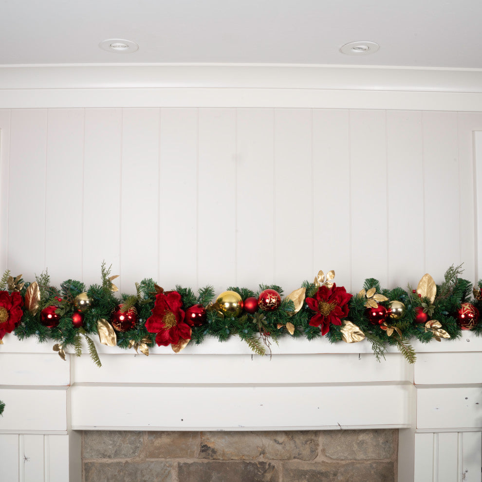 9' Artificial Christmas Garland with Lights, Golden Leaf Red Magnolia
