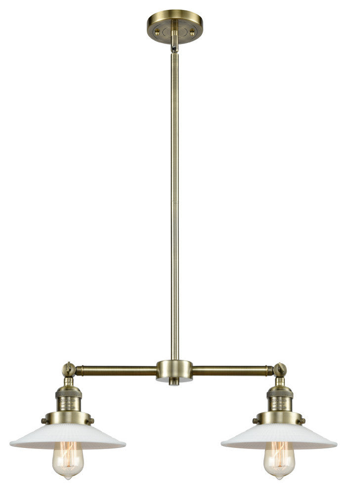 Halophane 2-Light Chandelier, Antique Brass, Matte White Halophane