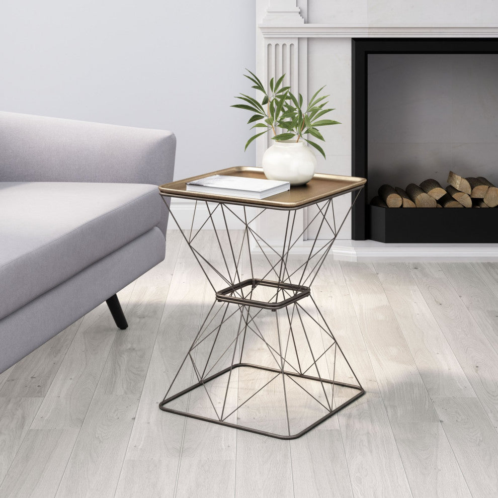 Sofa Side Table, Square, Steel Metal, Gold, Gray, Lounge Lobby Hospitality