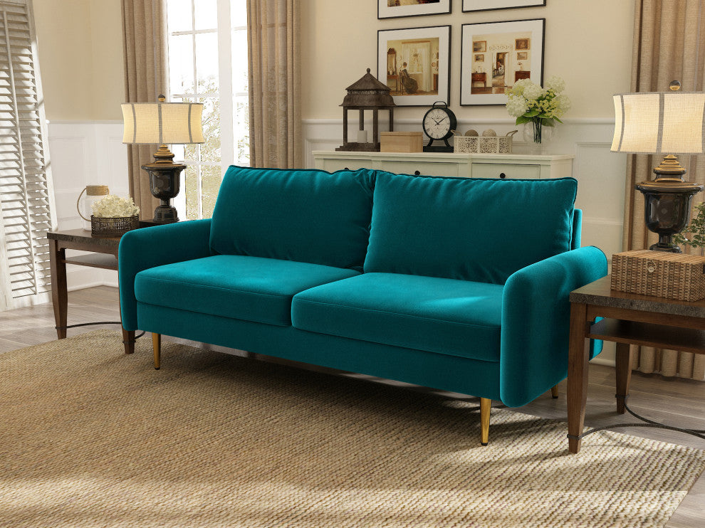 The Yokun III Velvet Round Arm Sofa, Teal Blue
