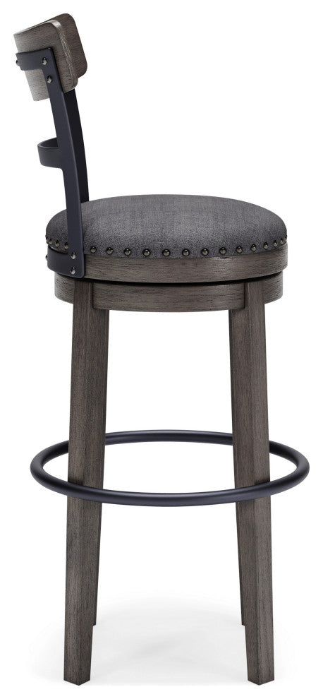 Benzara BM248094 Swivel Barstool With Nailhead Trim and Curved Panel Back, Gray
