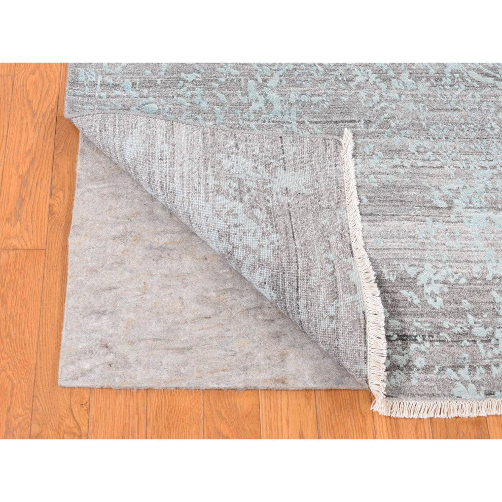 Sea Foam Green Wool and Silk Hand Knotted Broken Persian Design Rug 8'x10'