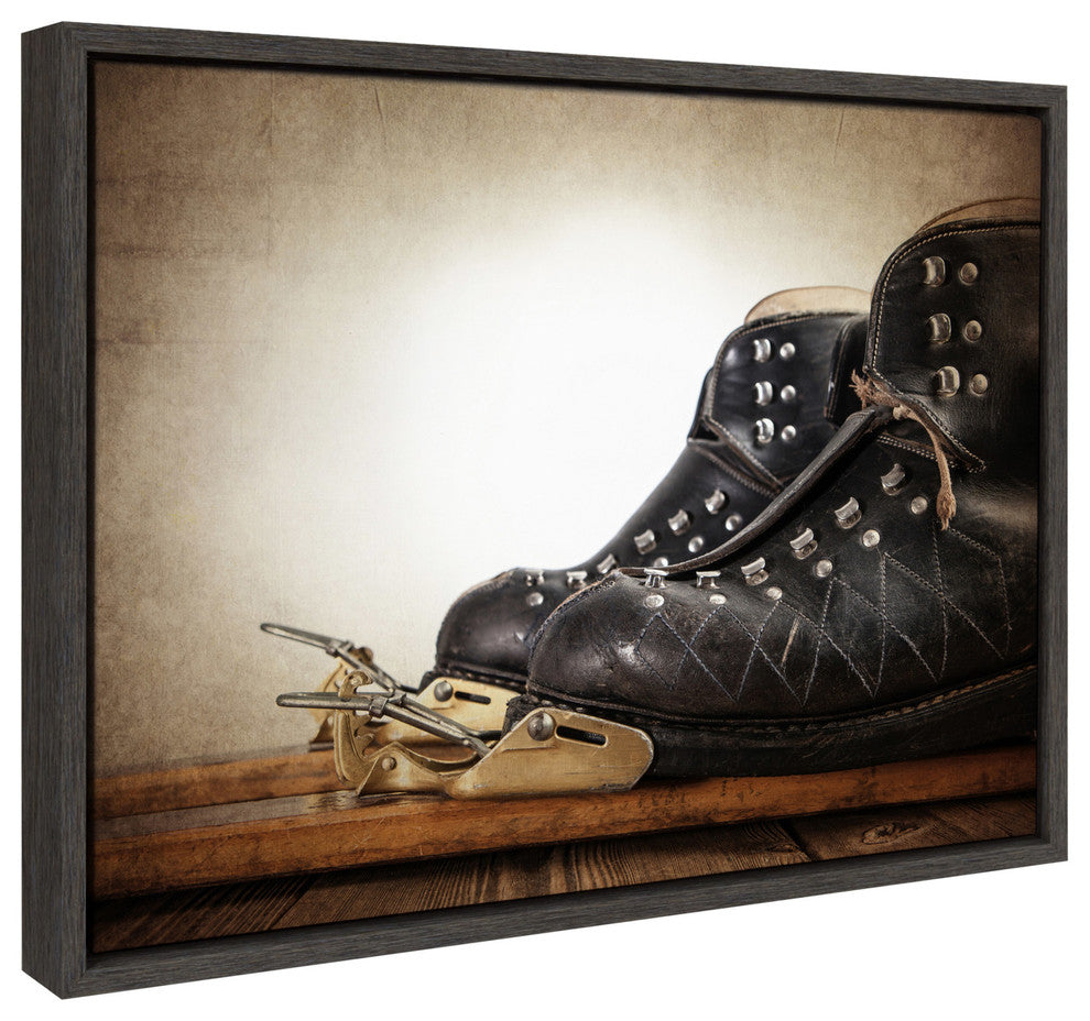 Sylvie Vintage Ski Boots Framed Canvas by Shawn St. Peter, Gray 18x24