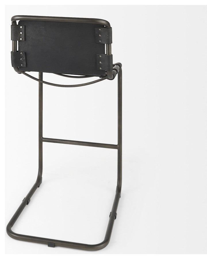 30" Black And Gunmetal Gray Leather And Iron Bar Height Bar Chair