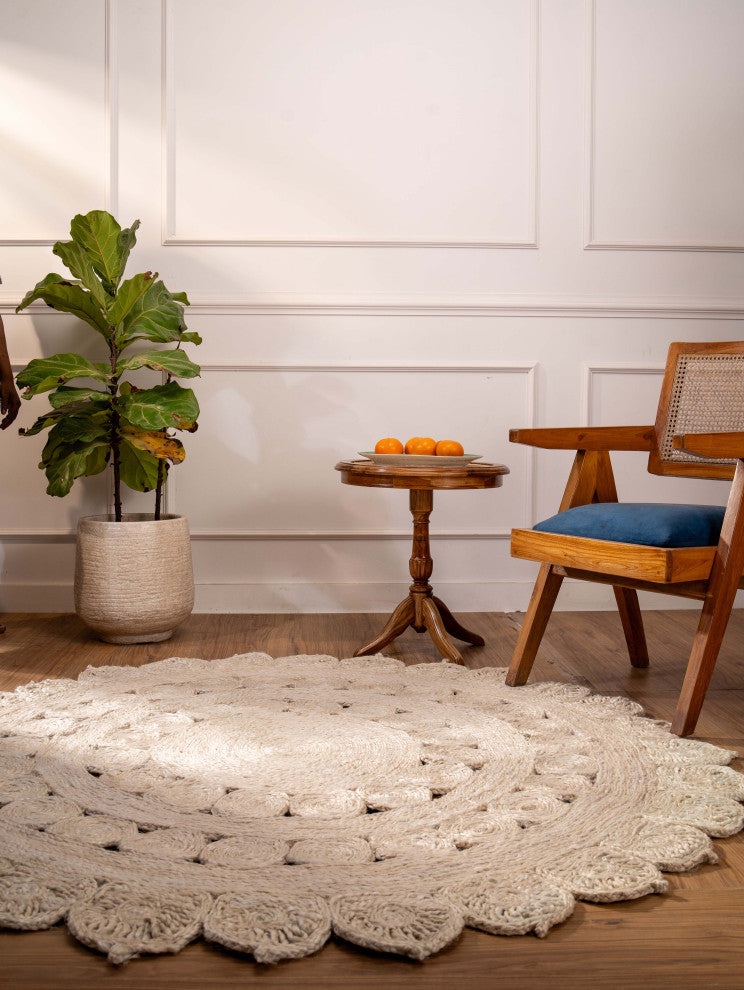 HAND WOVEN JUTE ECO-FRIENDLY AREA RUGS  - Round, White, Oriental, Indoor Outdoor, [Round] 6'7''x6'7''