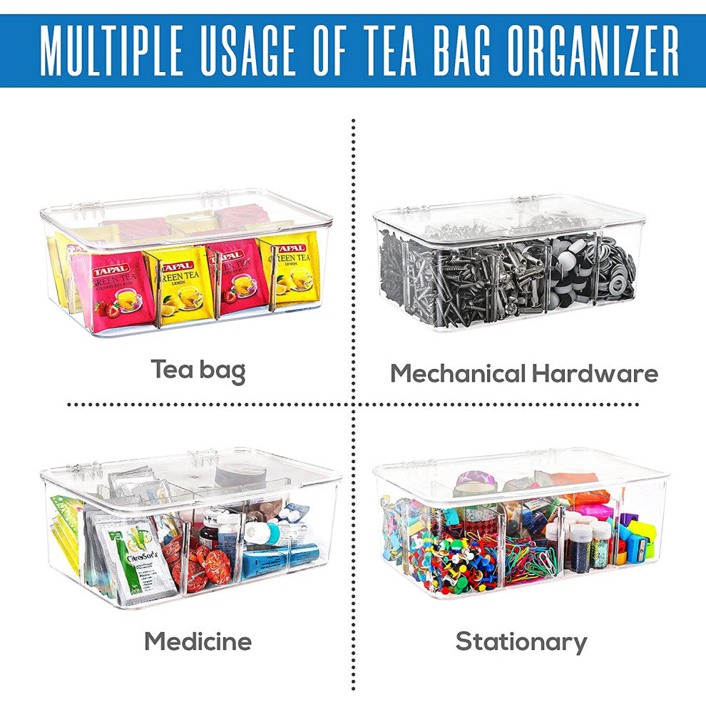 Set of 3 Stackable Tea Bag Storage Organizer Bin Box With Clear Top Lid