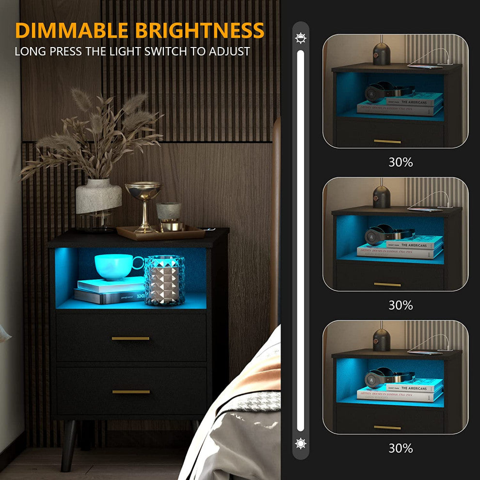 Nightstand Set of 2 with Charging Station, LED Nightstands with Open Shelf, Blac