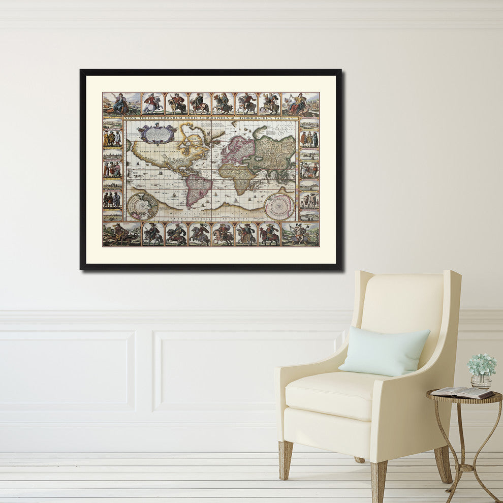 World Vintage Map Print On Canvas With Picture Frame 28" X 37"
