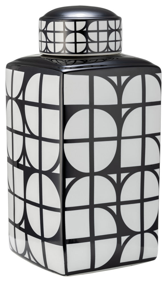 Ceramic 18"H Square Jar, Lid, Black/White