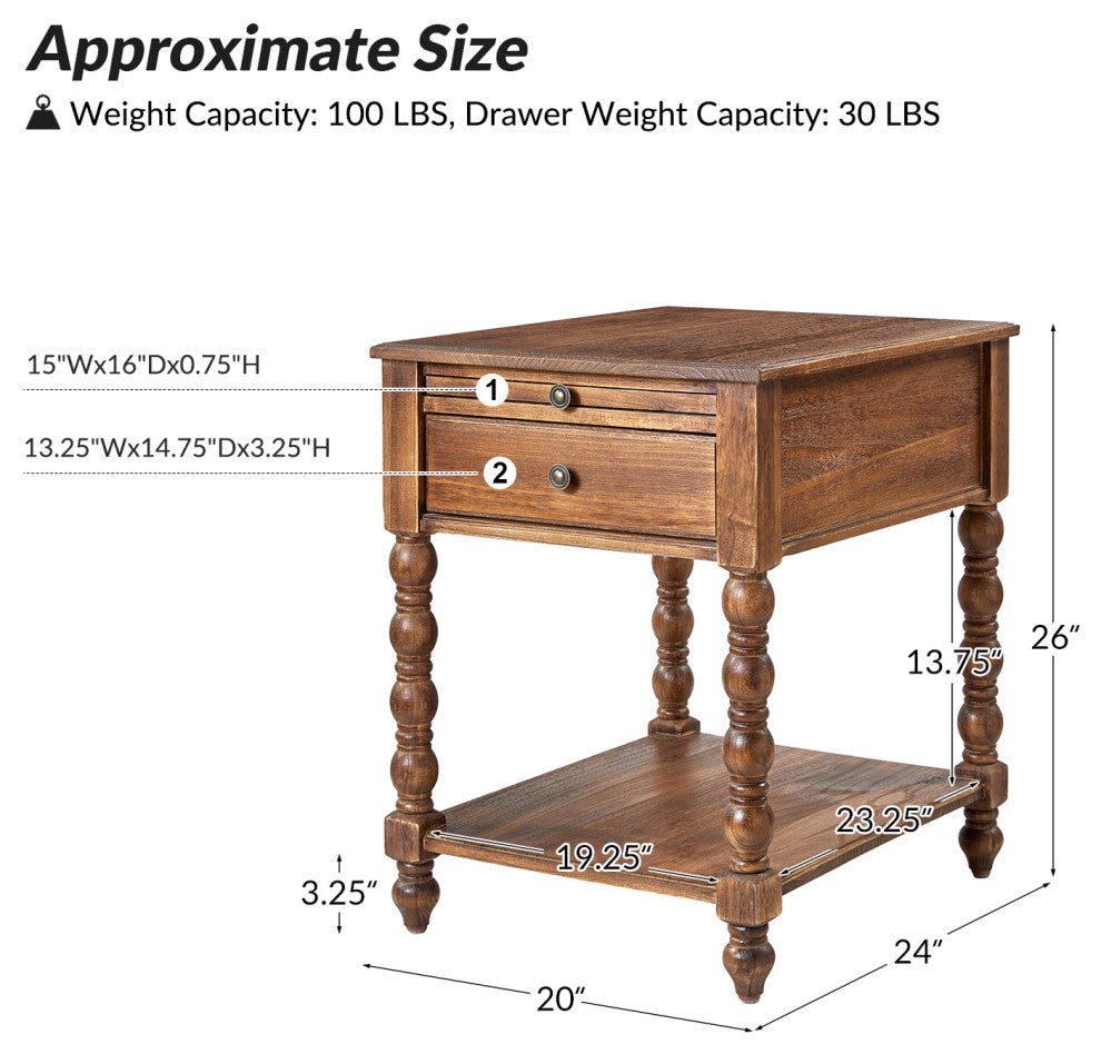 26"H Traditional/Farmhouse Style End Table, Set of 2, Walnut