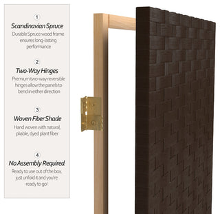6' Tall Woven Fiber Room Divider, 6 Panel, Dark Mocha