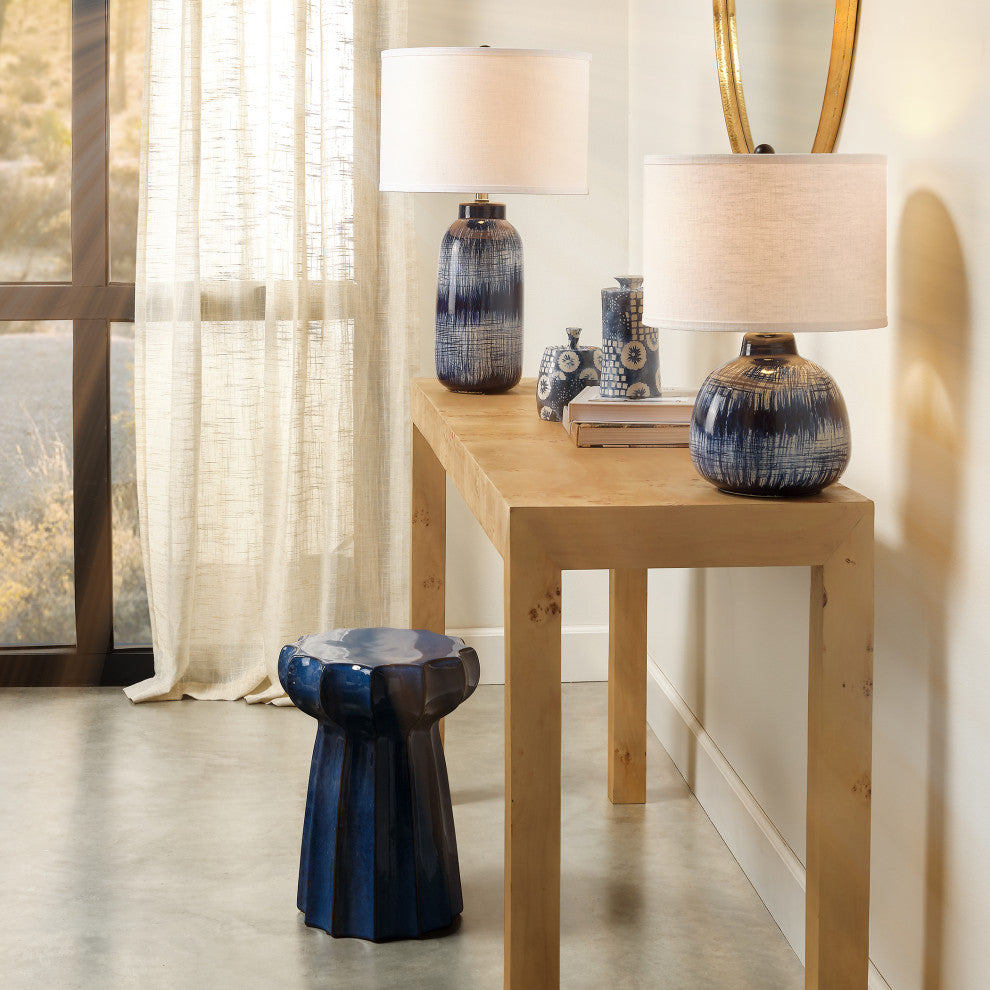Small Batik Table Lamp, Indigo Ceramic, Drum Shade, White