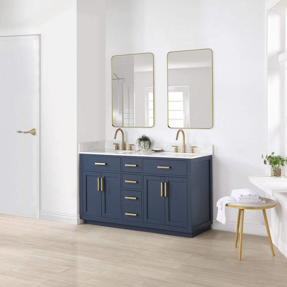 Gavino Vanity With Grain White Composite Stone Top, Royal Blue/Brushed Gold, 60", With Mirror