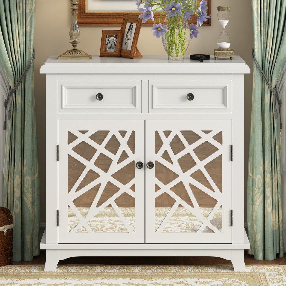 Wood Double Door Accent Cabinet with 2 Drawers, White, 30'' X 14''