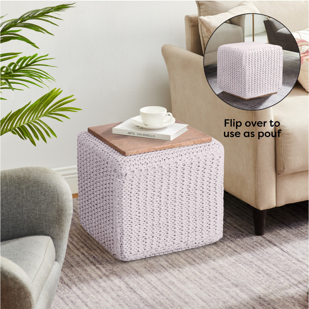 Loft Lyfe Roxy Ottoman, Hand Knitted, Wooden Tray, Cotton Yarn, White