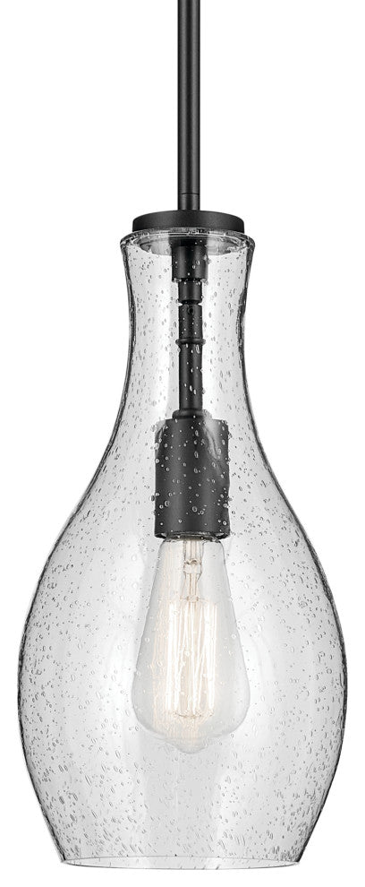 Everly 13.75" 1-Light Bell Pendant With Clear Seeded Glass, Black