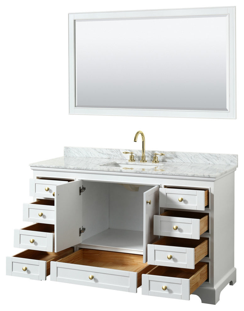 60" Single Bath Vanity, White, Carrara Countertop, Sink, Gold Trim, 58" Mirror