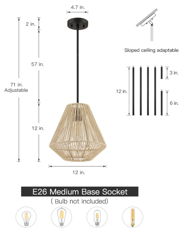 12" W 1-Light Rattan Single Pendant Light With Black Canopy