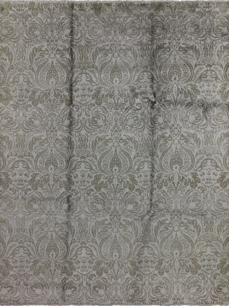 Handmade Ivory Silk Floral Hand-Knotted Oriental Rug, 9'x12'