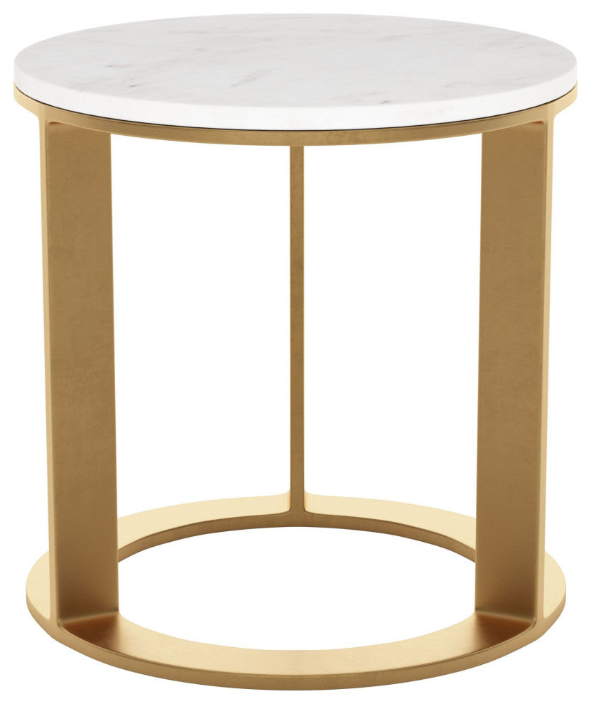 Sofa Side Table, Round, Artificial Marble, Aluminum Metal, White, Gold, Lounge