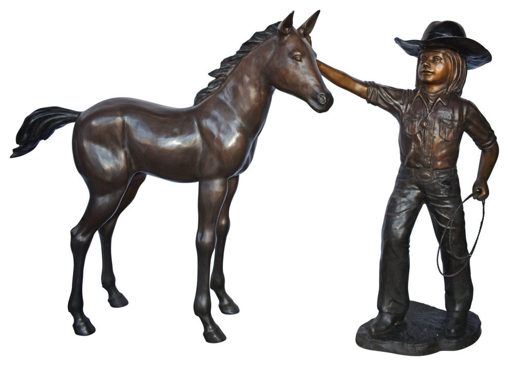 A Young Cowgirl With A Young Horse Bronze Statue Size: 60" x 30" x 44"H