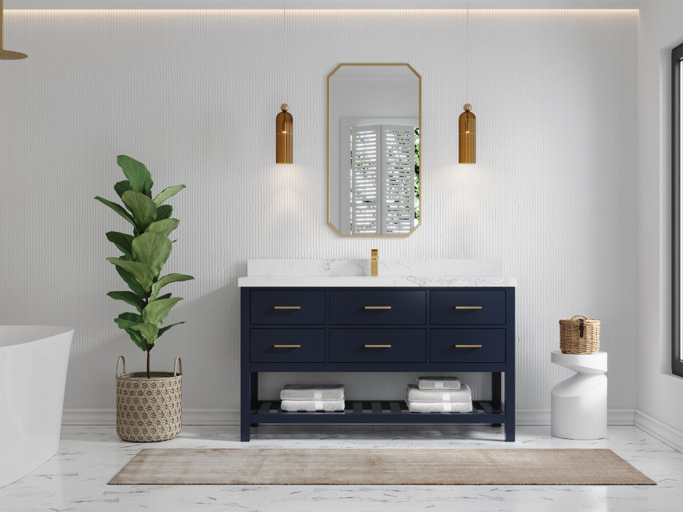Parker 60 Single Sink Bathroom Vanity in Navy Blue  2" Calacatta Nuvo