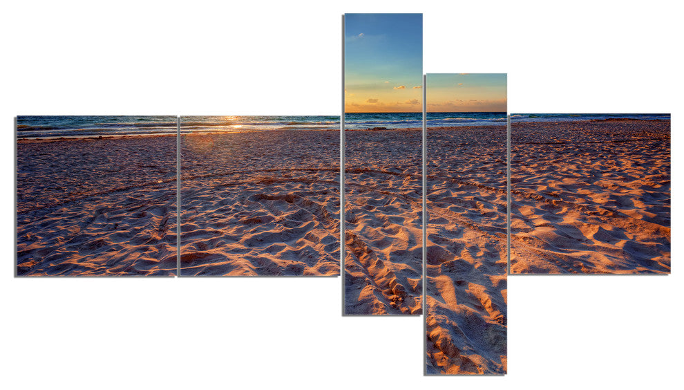 Trodden Sandy Beach at Sunset, Seashore Canvas Art Print, 60"x32", 5 panels