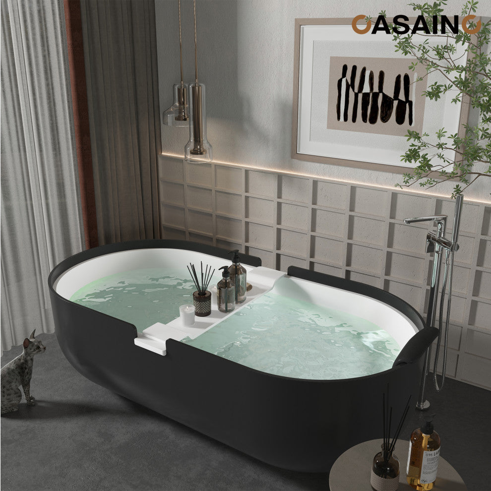 67in White Solid Surface Freestanding Soaking Bathtub with Drain, 67in