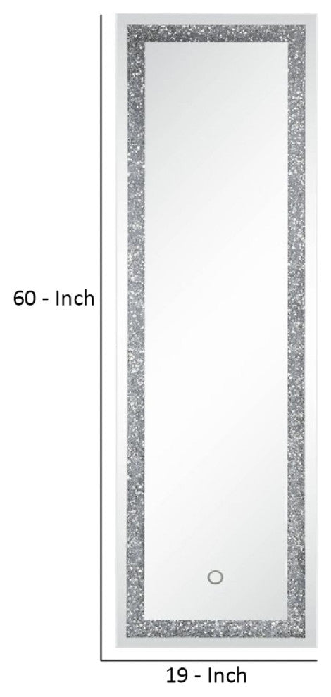 Benzara BM269980 Floor Mirror With LED Light and Faux Diamonds Inlay, Silver