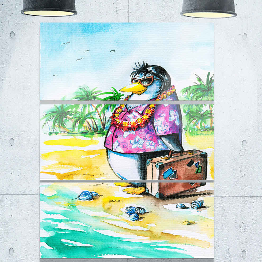"Penguin Enjoying Holidays on Beach" Cartoon Metal Wall Art, 3 Panels, 28"x36"