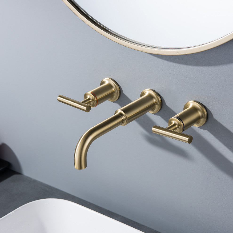 Luxury Dual Handle Wall Mounted Bathroom Faucet, Brushed Gold