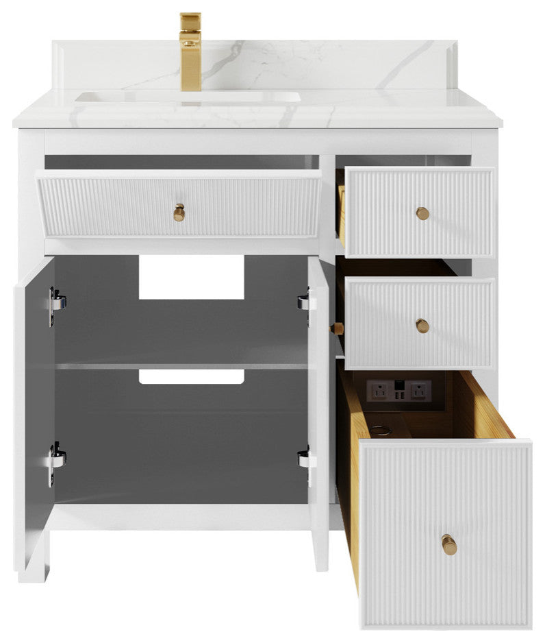 Sonoma 36 Left Offset Reeded Bath Vanity in White 1.5" Calacatta Laza