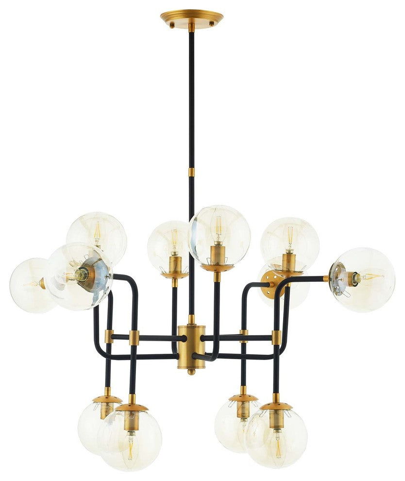 Ambition Amber Glass And Antique Brass 12 Light Pendant Chandelier EEI-2884
