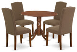 5Pc 42" Kitchen Table, Two 9"Drop Leaves, Four Chair, Mahogany Leg, Dark Coffee